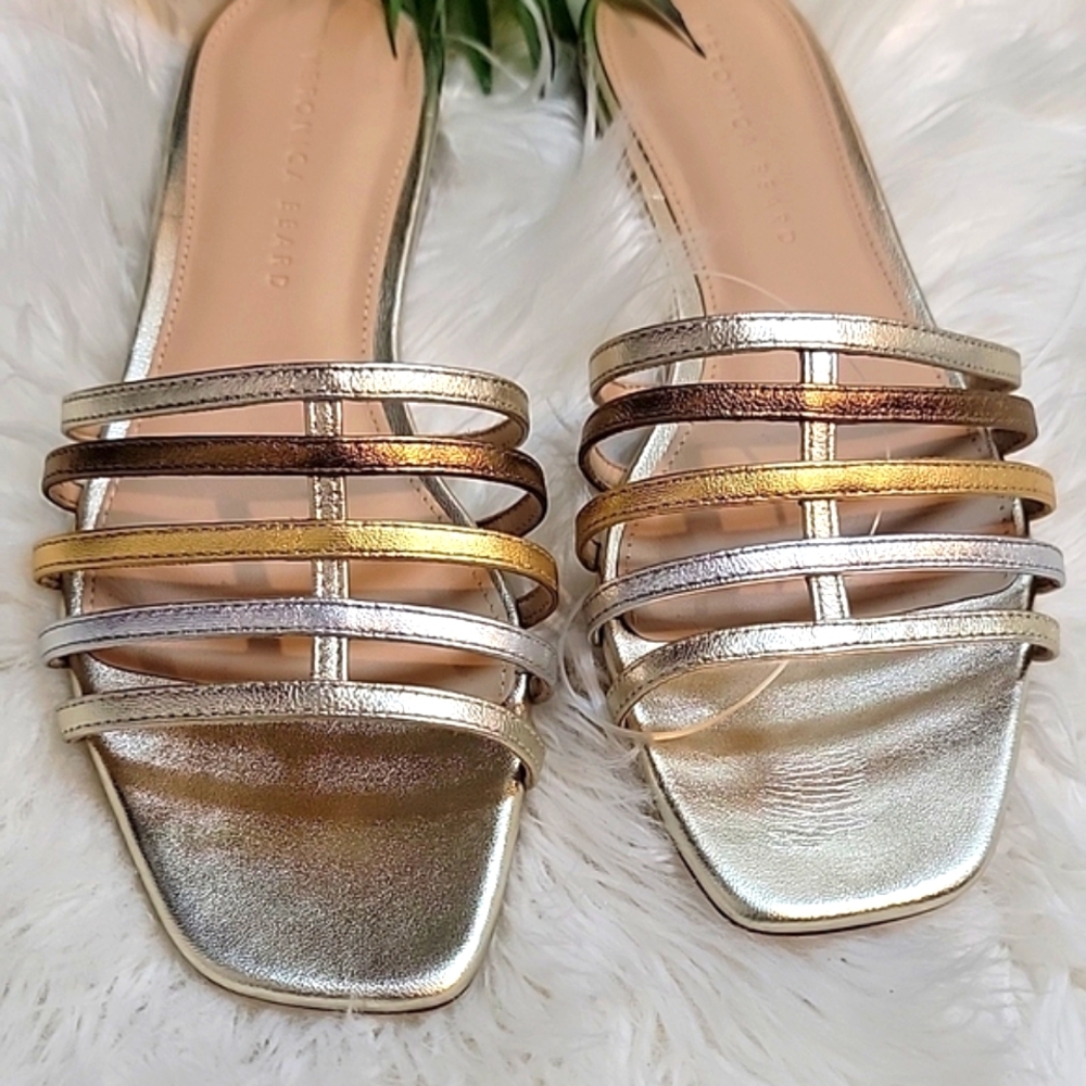 Veronica Beard | Mazon Platinum Metallic Strappy Slide Sandals - Picture 2 of 10